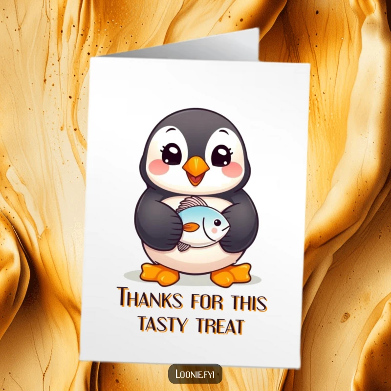 Funny Free Printable Thank You Card: Cheerful puffin holding a tiny fish, smiling wide to say thank you. Cute downloadable art.