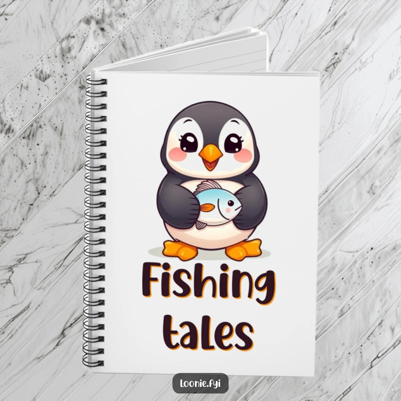 Funny Puffin Notebook: A cheerful puffin holding a tiny fish, ready to capture notes with a happy and eager expression.