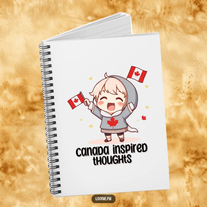 Funny Notebook: Excited character proudly holds a Canadian flag and cheers, ready to capture your spirited thoughts. Perfect funny gift.