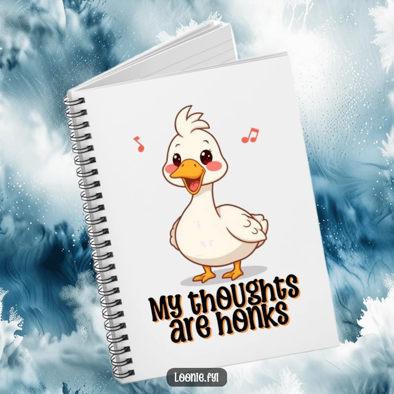 Funny notebook cover with a Canadian goose showing a funny expression while honking a happy tune, inspiring humorous writing.