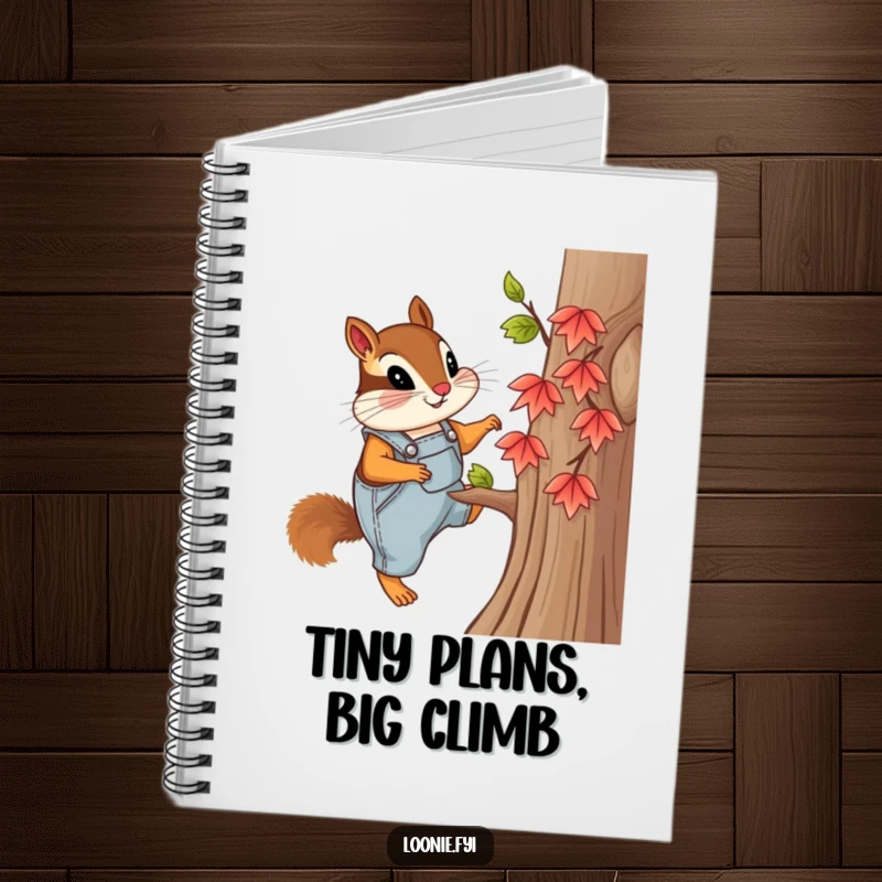 Funny notebook with a curious chipmunk in overalls, climbing a tiny maple tree, perfect for jotting down notes with an adventurous cover.