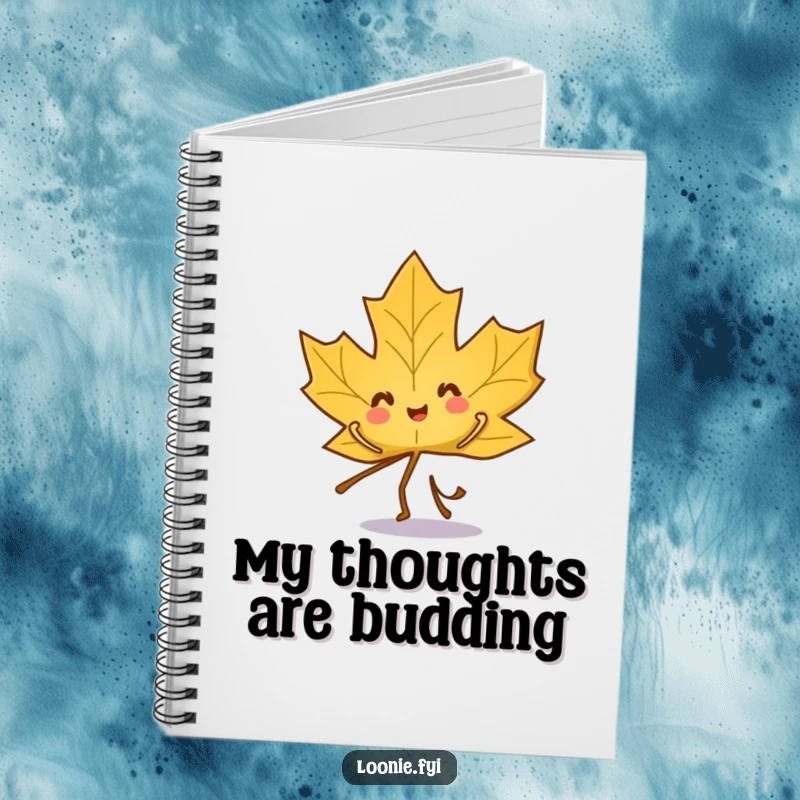 Funny notebook with a playful maple leaf character doing a little dance, inspiring creative entries.