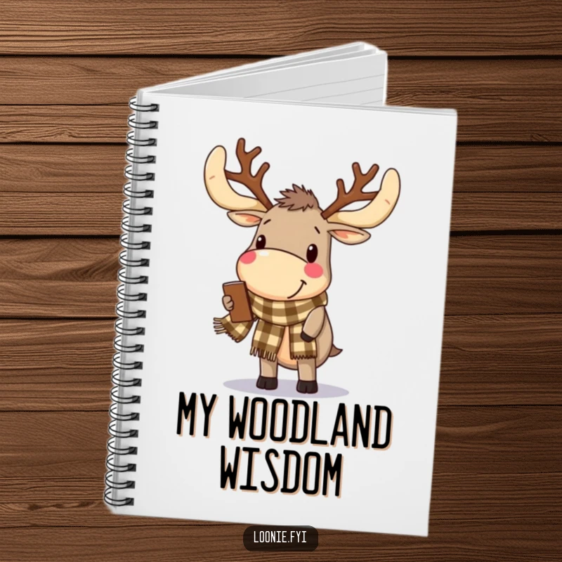 Funny Notebook: A delighted moose with antlers wears a checkered scarf, inspiring note-taking with rustic charm.