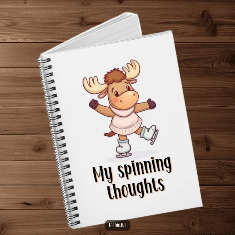 Funny Notebook: A giddy moose wearing skates twirls joyfully, perfect for capturing ideas with a playful and energetic vibe.