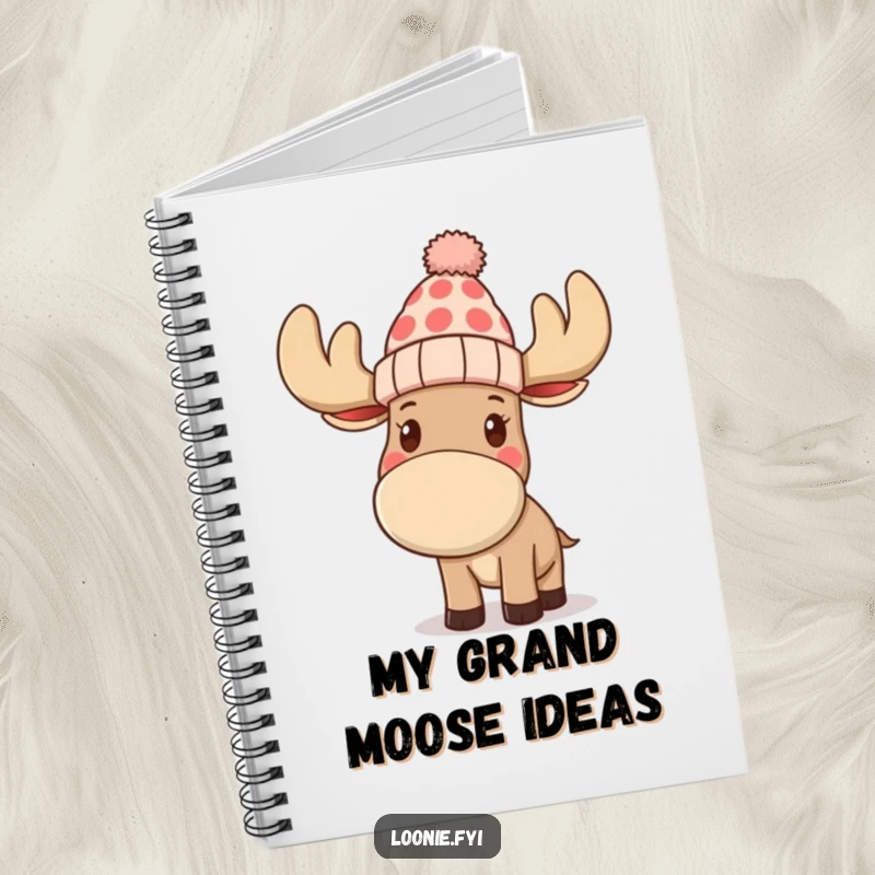 Funny notebook with a moose wearing a toque and waving, offering a humorous and friendly cover for all your writing and planning needs.