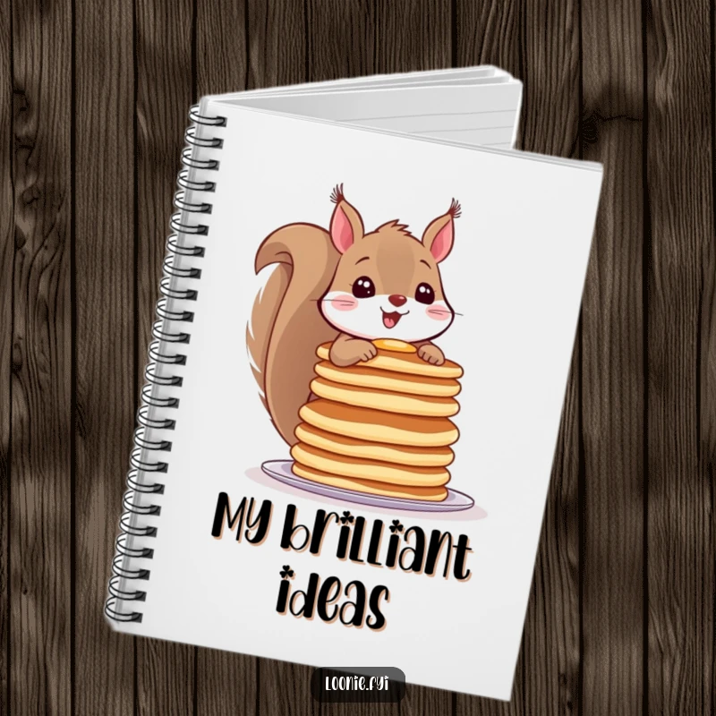 Funny notebook with a cheerful squirrel balancing a stack of pancakes, perfect for jotting down breakfast ideas.