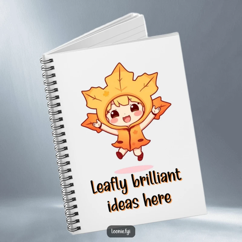 Funny notebook with a maple leaf character in a costume doing a joyful hop, great for journaling and creative expression.