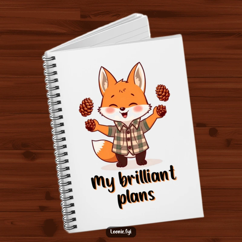 Funny notebook with a cover showing a giggling fox in a plaid shirt juggling three pinecones, perfect for jotting down ideas humorously.