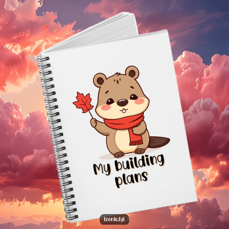 Funny Notebook: A cute beaver in a red scarf waves a maple leaf, ready for your notes.