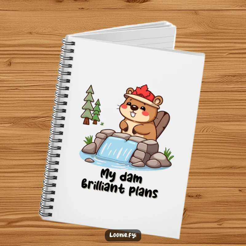 Funny Notebook: A happy beaver in a maple leaf hat diligently builds a dam, inspiring organized note-taking.