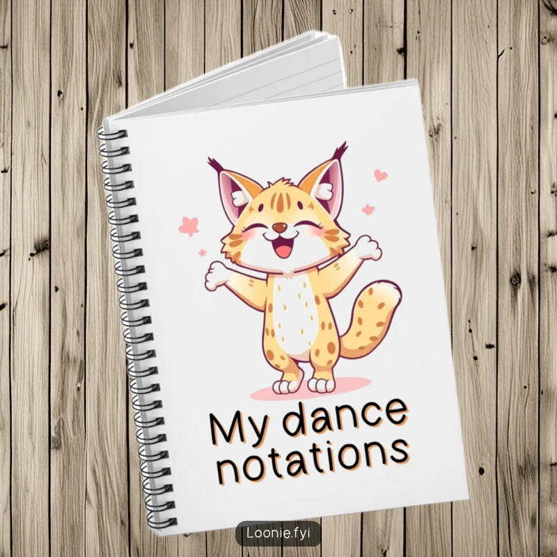Funny notebook with a joyful lynx performing a happy jig, perfect for jotting down dance moves and ideas.