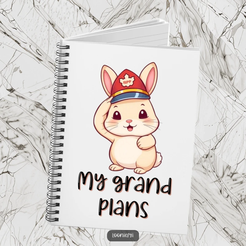 Funny notebook featuring a rabbit in a miniature RCMP hat, saluting with a cheerful expression, ideal for jotting notes.