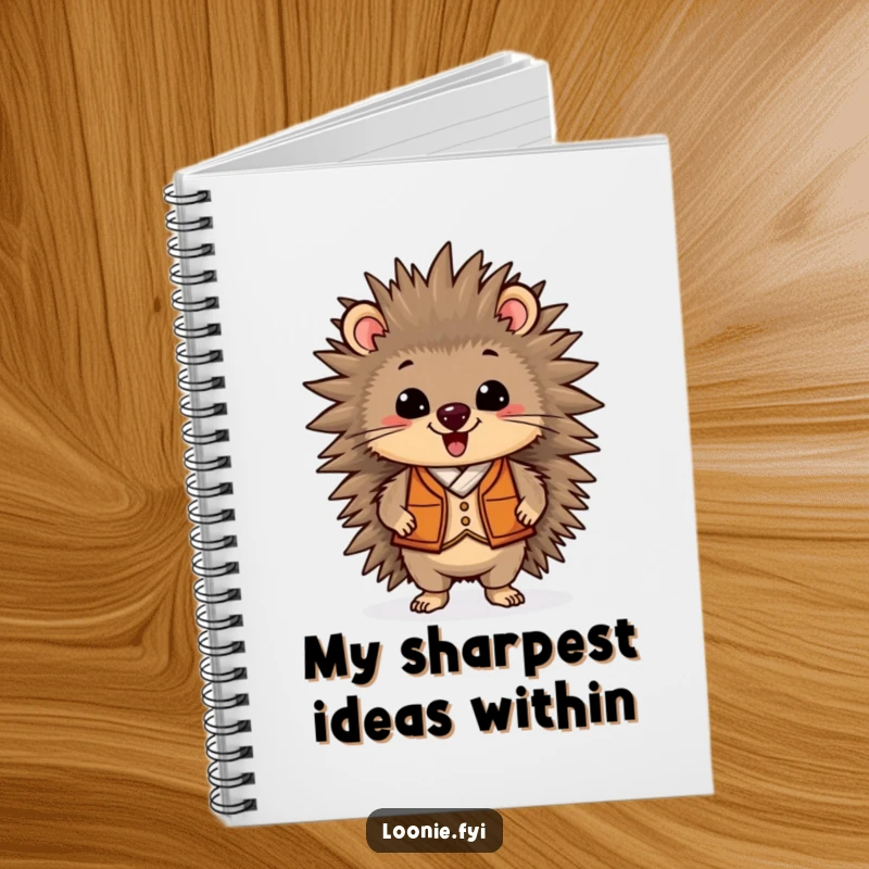 Funny notebook with a delighted porcupine wearing a vest, standing proudly, perfect for capturing thoughts with a humorous and stylish cover.