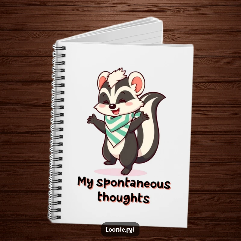 Funny notebook featuring a skunk in a bandana doing a happy dance, ready to capture notes with a beat.