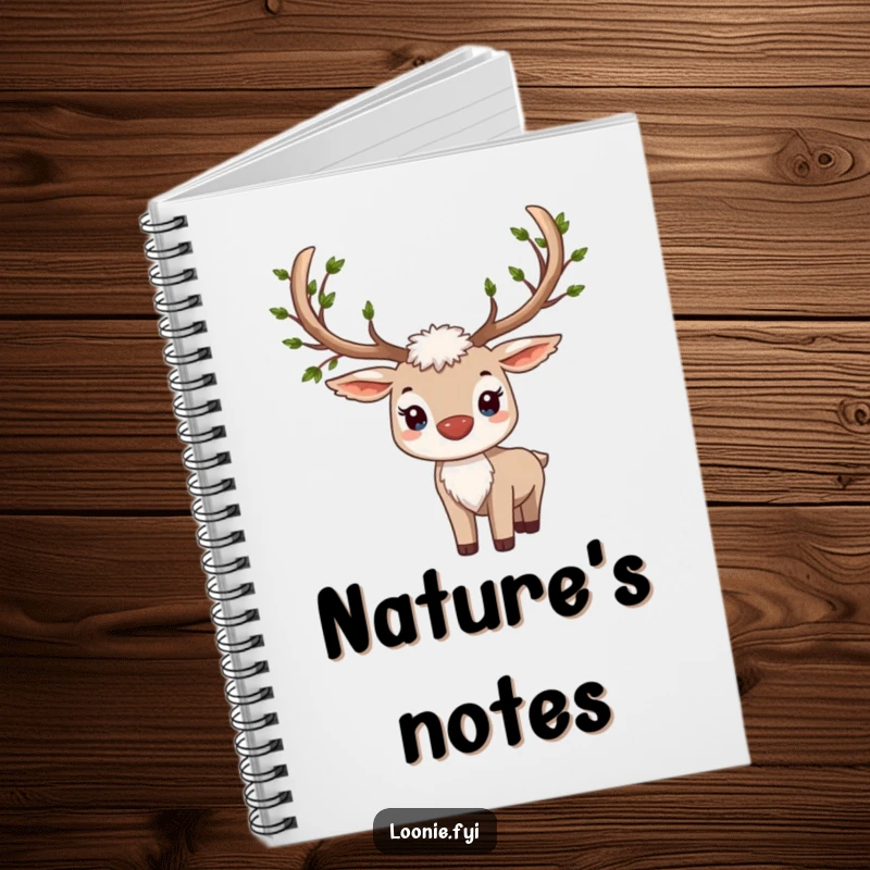 Funny notebook cover featuring a proud caribou with majestic antlers, elegantly adorned with small, green leaves.
