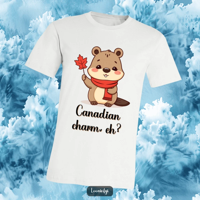 Funny T-Shirt: A cute beaver in a red scarf waving a tiny maple leaf, exuding Canadian pride and friendliness.