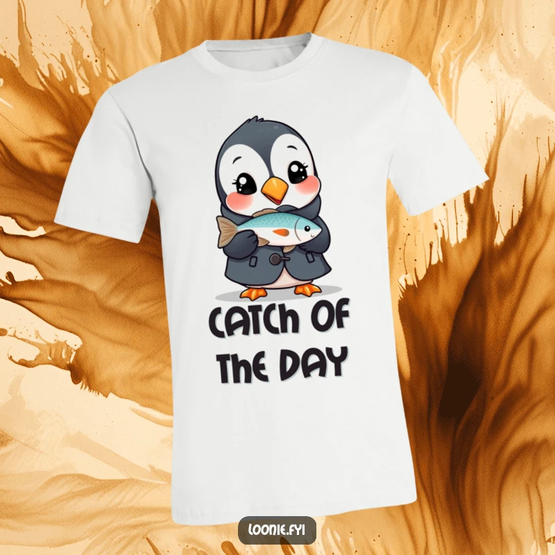 Funny t-shirt depicting a delighted puffin in a small coat, holding a fish, capturing a moment of charming success and happiness.