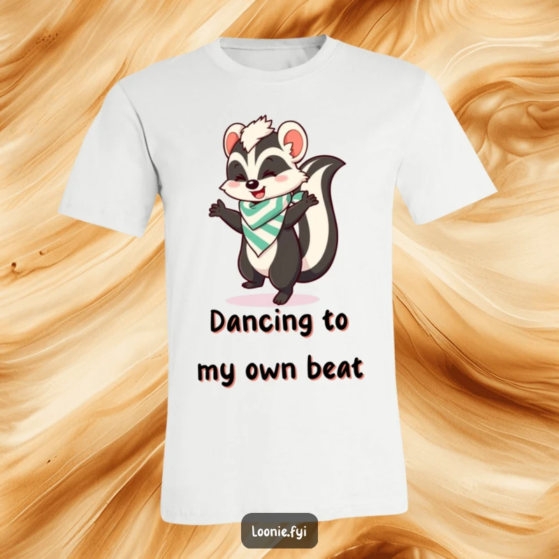 Funny t-shirt showcasing a skunk in a bandana doing a happy dance, embodying pure, unadulterated fun and playful energy.