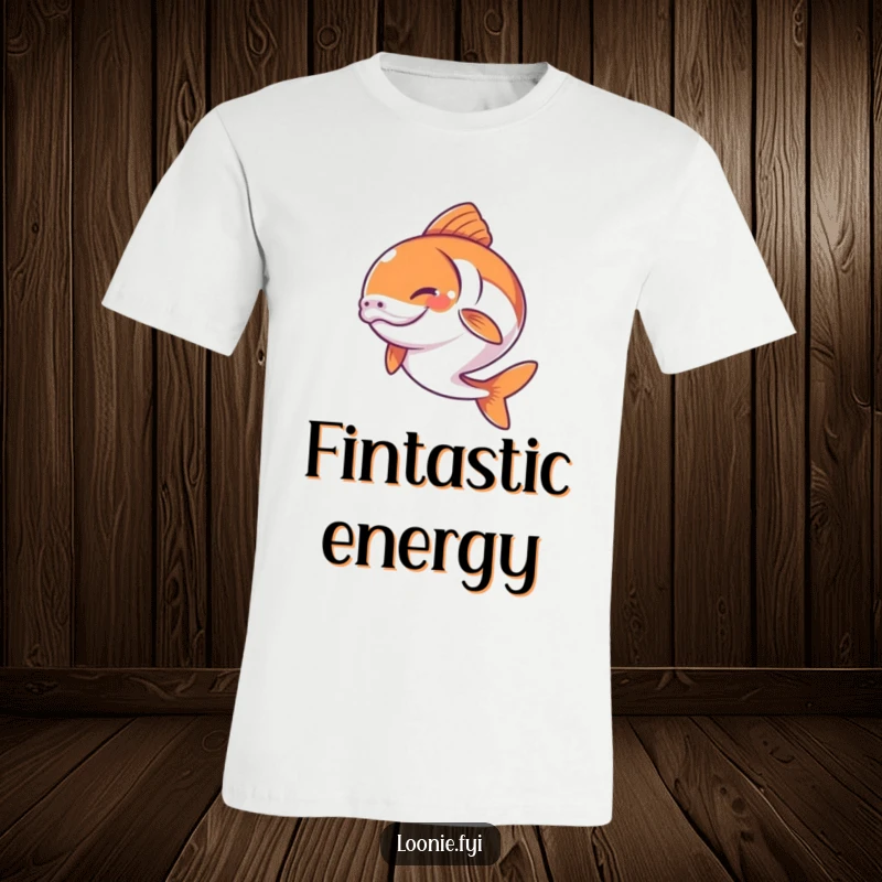 Funny t-shirt with a salmon captured in a dynamic leap, featuring a determined smile and a happy, energetic vibe.