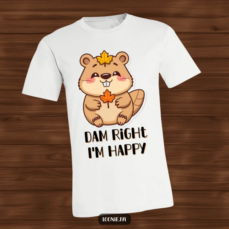 Funny Beaver Maple Leaf T-Shirt: A happy beaver wearing a maple leaf smiles joyfully, embodying Canadian spirit, a great funny gift.