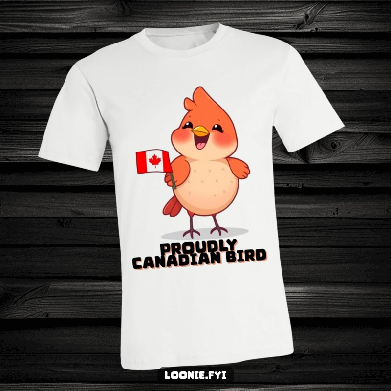 Funny Cardinal T-Shirt: Delighted cardinal wearing a tiny Canadian flag, chirping happily, for patriotic occasions.