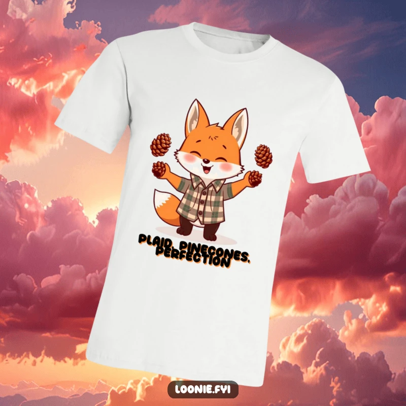 Funny t-shirt showcasing a giggling fox in a plaid shirt, skillfully juggling three pinecones with a look of pure amusement.