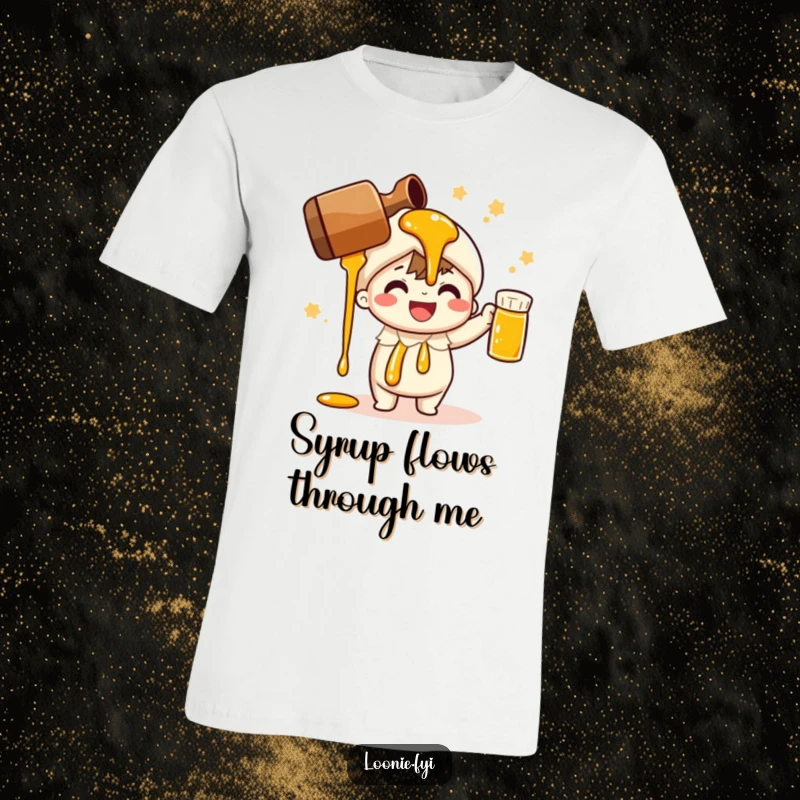 Funny t-shirt of a cheerful character performing a celebratory maple syrup pour; great for breakfast fans.