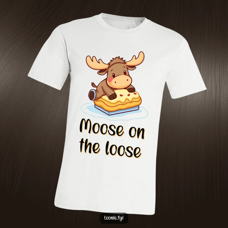 Funny Moose T-Shirt: A clumsy moose hilariously attempts ice skating on a frozen poutine, perfect for laugh-out-loud moments.