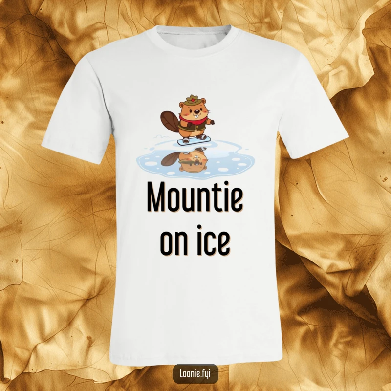 Funny Mountie Beaver T-Shirt with a beaver in a Mountie outfit attempting to skate on maple syrup, showcasing clumsy humor.