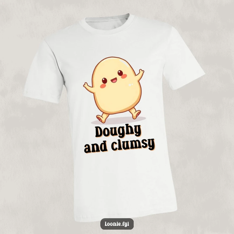 Funny perogy comically tripping over its doughy feet, a hilarious cartoon food t-shirt for ultimate comfort and laughs.