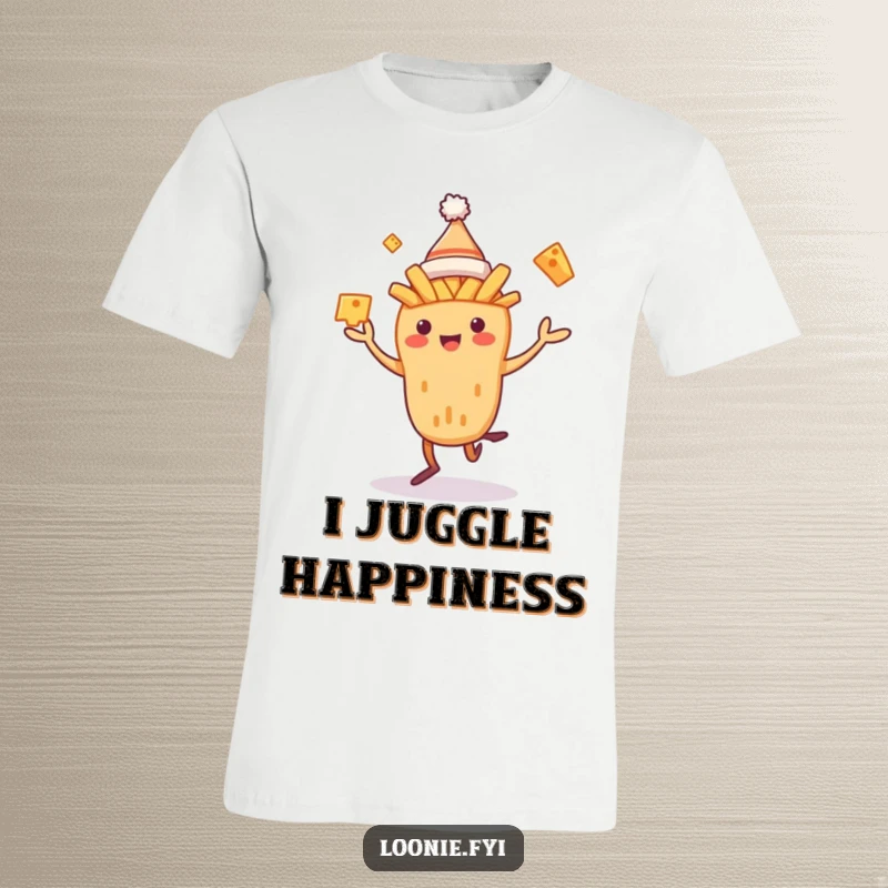 Funny Poutine T-Shirt featuring a dancing poutine creature in a toque juggling cheese curds, expressing food-related silliness.