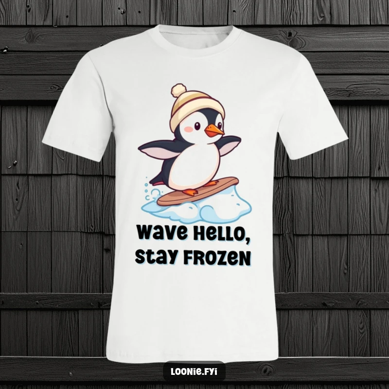 Funny puffin t-shirt with a toque, trying to surf on a frozen wave, capturing arctic action.