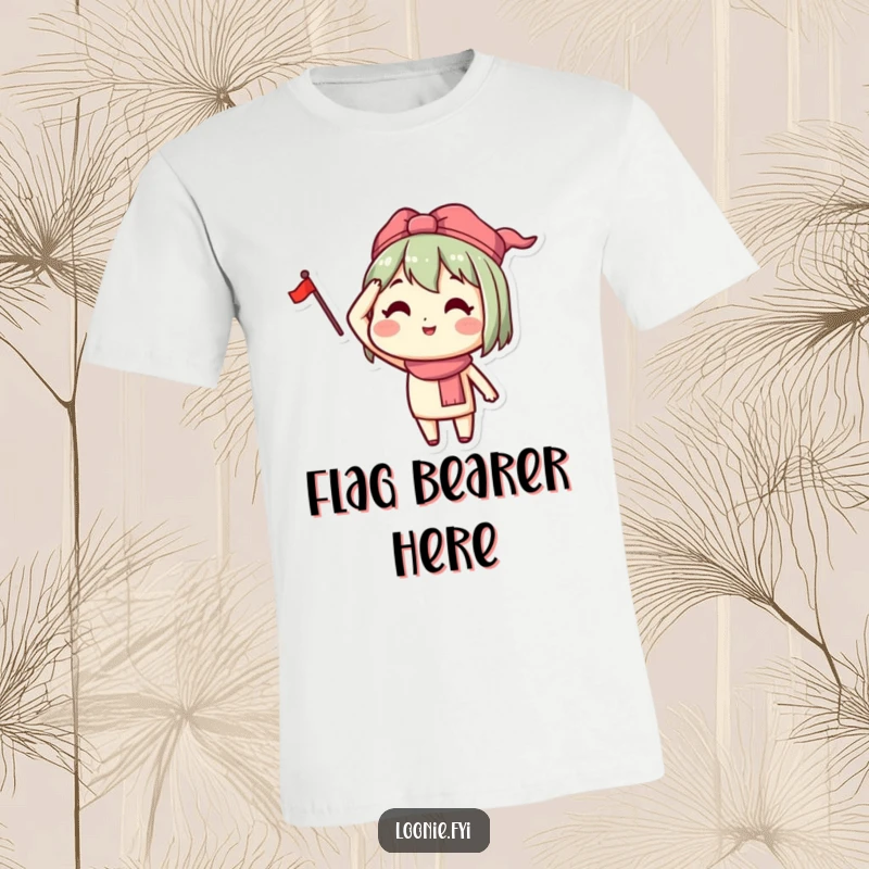 Funny graphic tee showing a happy character saluting with a small flag, perfect for expressing patriotic joy.