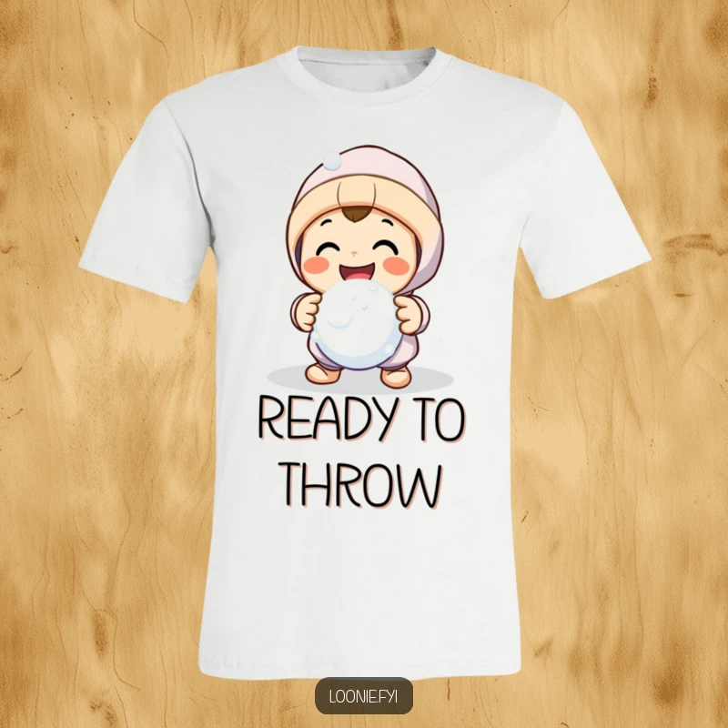 Funny graphic tee featuring a smiling character mid-snowball fight with a friendly, inviting gesture, perfect for winter enthusiasts.