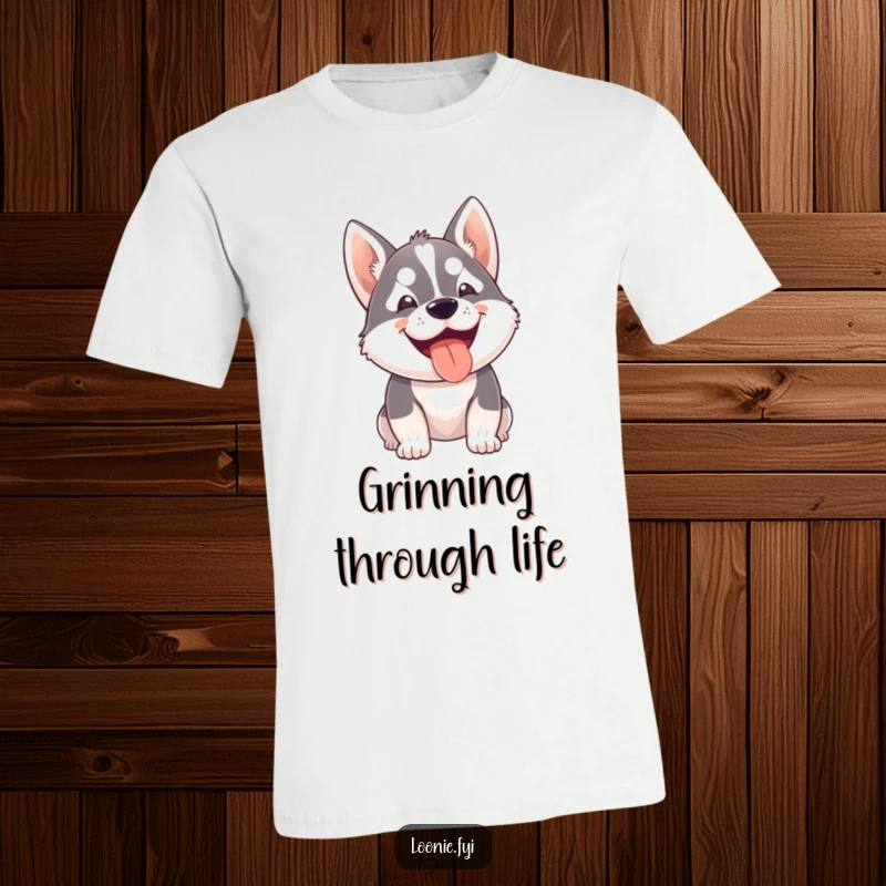 Funny t-shirt with a small husky dog panting happily with a wide, genuine grin, radiating infectious canine happiness.