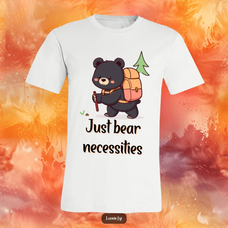 Funny t-shirt depicting a content black bear with a backpack, exploring the wilderness with a sense of calm curiosity.