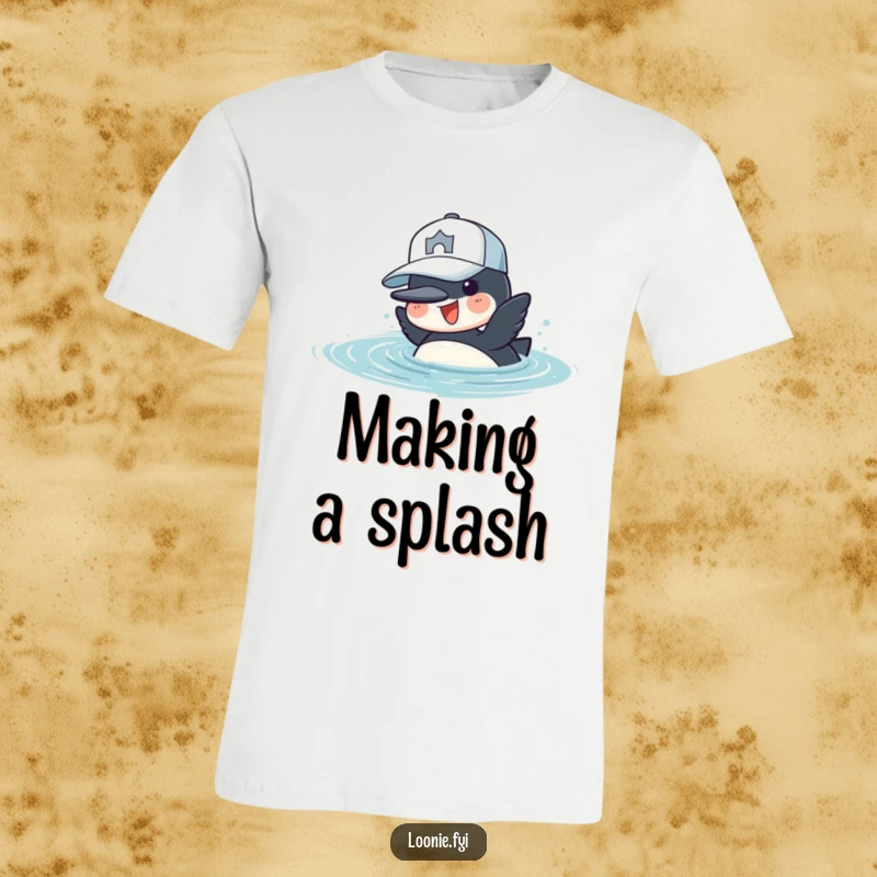Funny T-Shirt: A cheerful loon wearing a baseball cap is captured mid-dive into the water with playful energy.