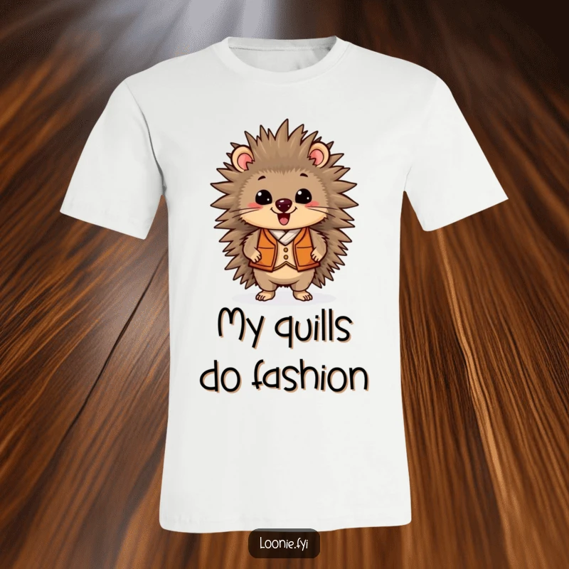 Funny T-Shirt showcasing a delighted porcupine sporting a vest, standing tall and proud, ideal for a humorous and stylish look.