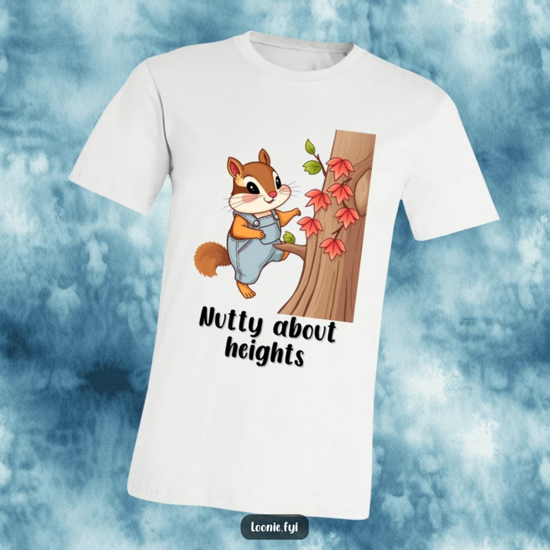 Funny T-Shirt of a curious chipmunk wearing overalls, climbing a small maple tree, perfect for outdoor lovers and adventure seekers.