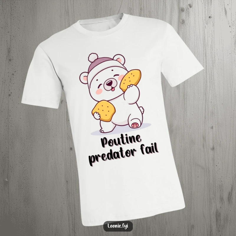 Funny polar bear t-shirt with a small toque failing to catch a flying poutine, a comical Canadian food adventure.