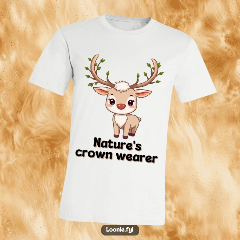 Funny t-shirt showcasing a proud caribou with grand antlers, adorned with small, charming green leaves, exuding majesty.
