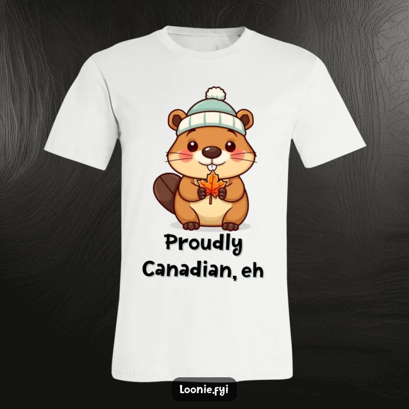 Funny T-Shirt with a beaver wearing a tiny toque and holding a maple leaf, representing Canadian humor.