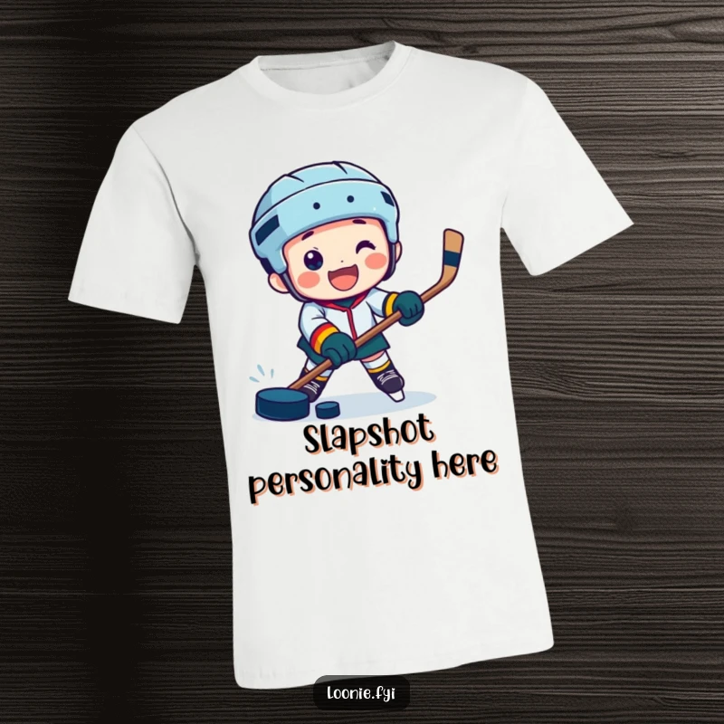 Funny t-shirt of a jubilant character skillfully playing hockey with a puck; a must-have for fans.