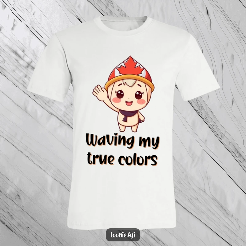 Funny T-Shirt: A cheerful character sporting a maple leaf hat offers a friendly, happy wave, embodying Canadian warmth. Perfect funny gift.