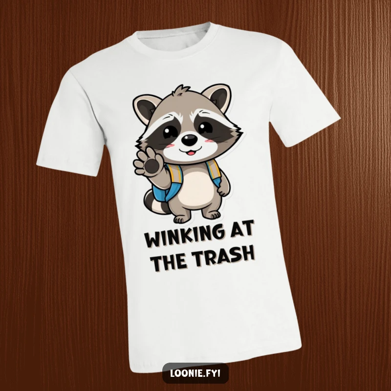 Funny T-Shirt showing a cheerful raccoon with a backpack, winking with its paw, perfect for expressing a playful and adventurous personality.