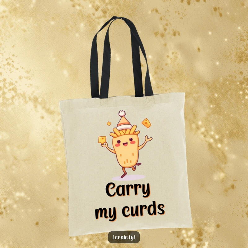 Funny Poutine Tote Bag showing a dancing poutine creature juggling cheese curds, practical and amusing for everyday use.