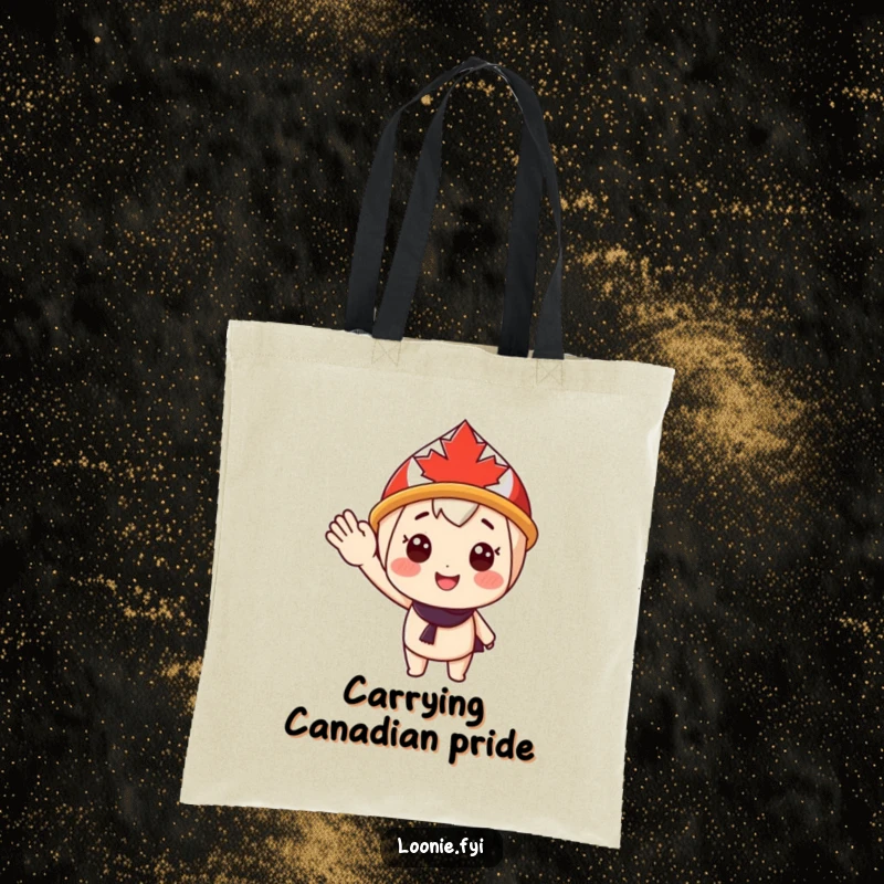 Funny Tote Bag: Cheerful character in a maple leaf hat offers a happy wave, perfect for everyday use and spreading smiles. Perfect funny gift.