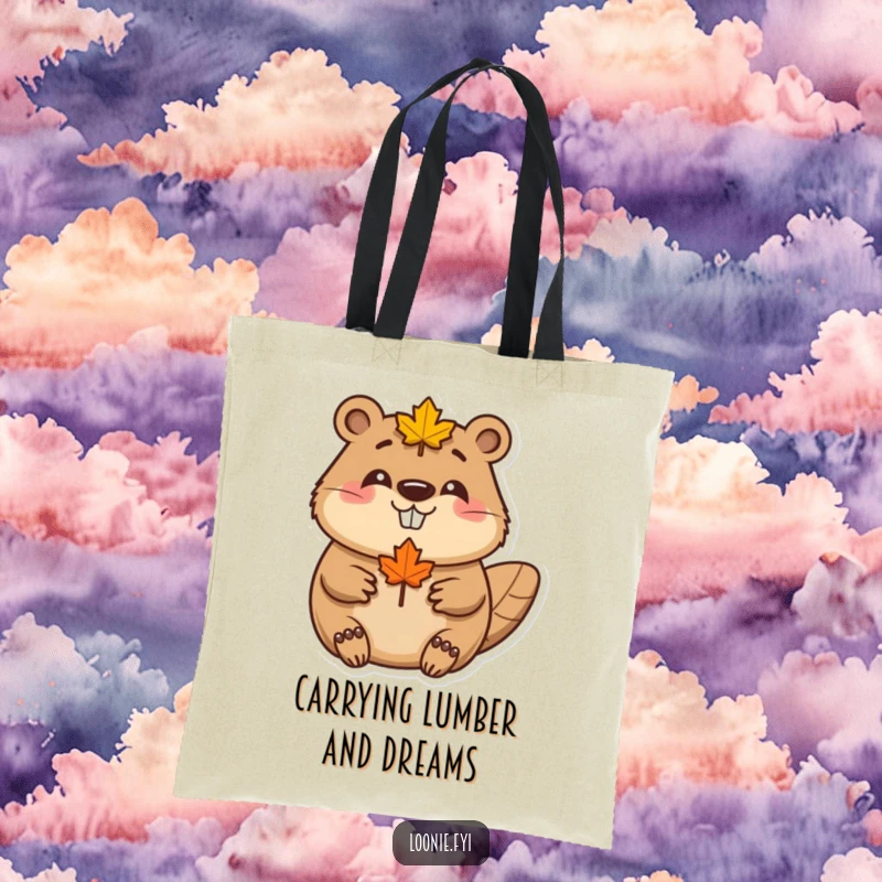 Funny Beaver Maple Leaf Tote Bag: A happy beaver wearing a maple leaf smiles, perfect for carrying essentials with Canadian charm, a funny gift.
