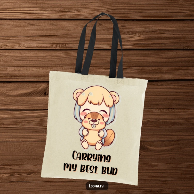 Funny tote bag with a delighted character fondly amused by a beaver puppet, perfect for daily use.