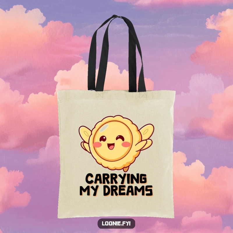 Funny butter tart character with cookie wings, attempting to fly, a whimsical tote bag perfect for carrying treats.